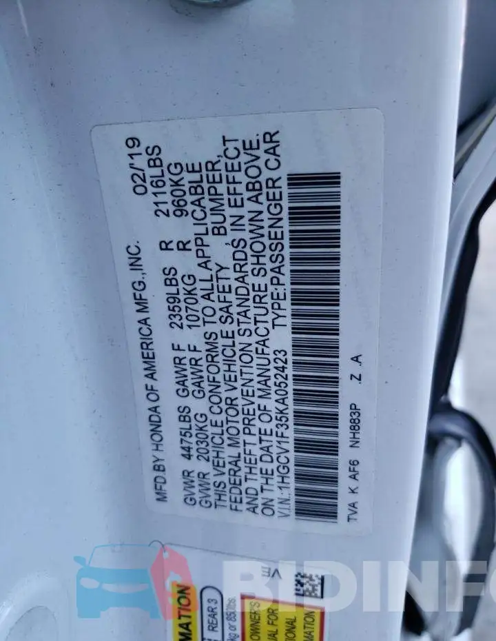 1HGCV1F35KA052423 Photo# 10