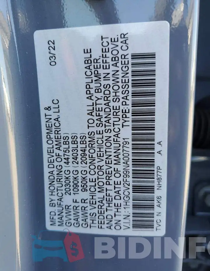 1HGCV2F99NA007791 Photo# 10