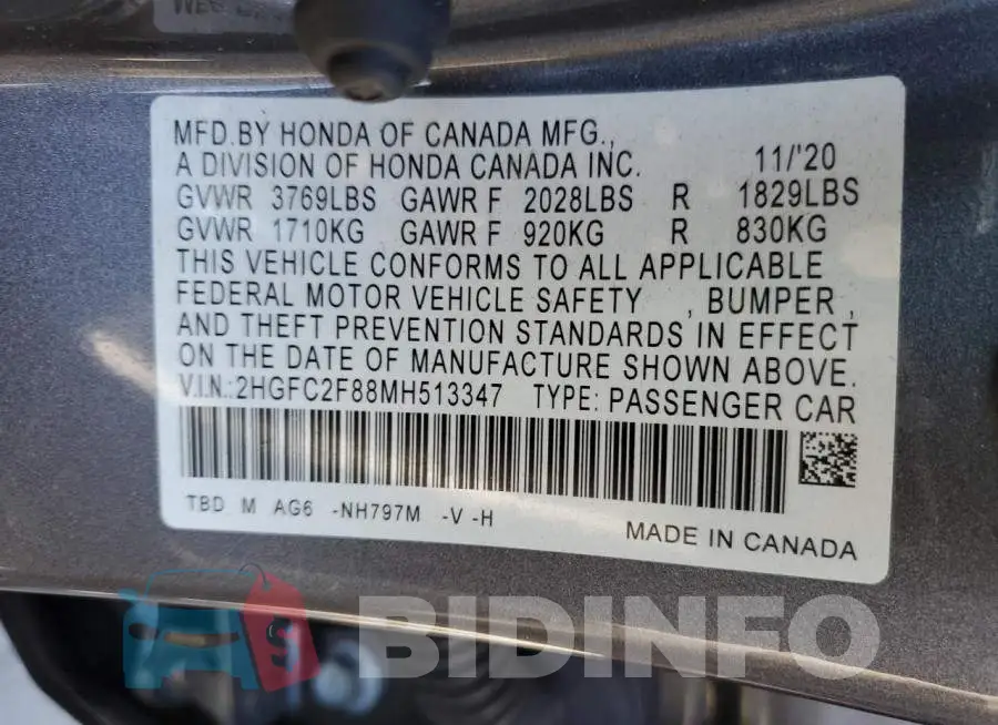 2HGFC2F88MH513347 Photo# 10