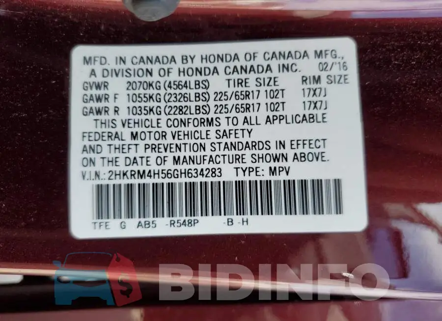 2HKRM4H56GH634283 Photo# 10