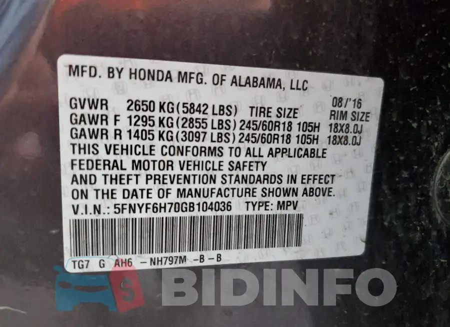 5FNYF6H70GB104036 Photo# 10