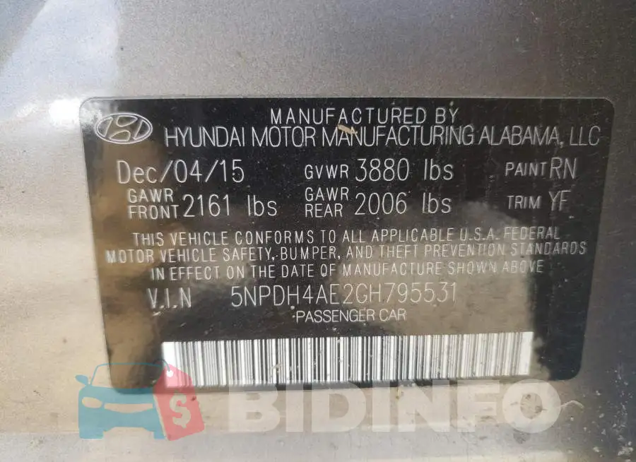 5NPDH4AE2GH795531 Photo# 10