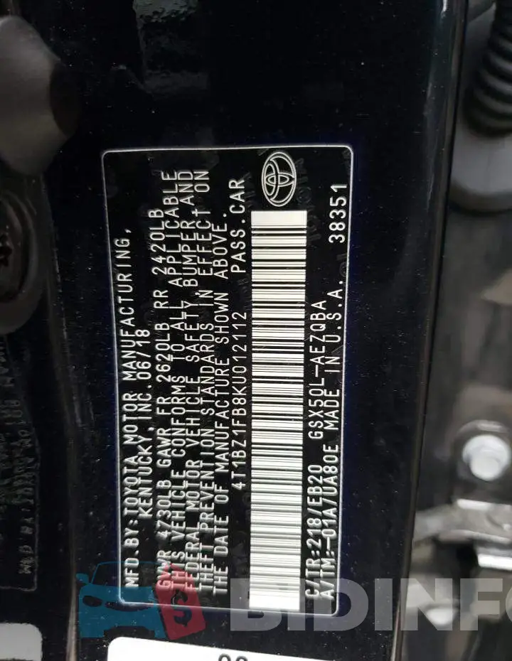 4T1BZ1FB8KU012112 Photo# 10