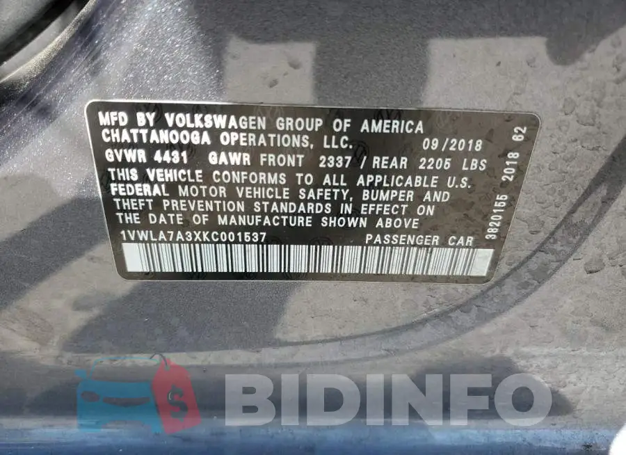 1VWLA7A3XKC001537 Photo# 10