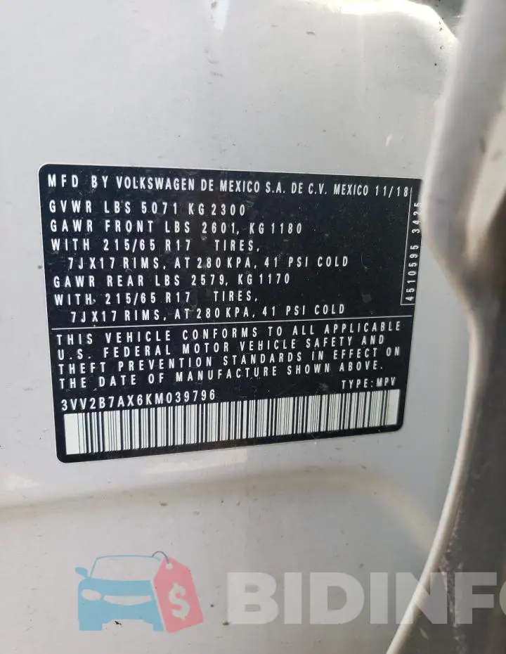 3VV2B7AX6KM039796 Photo# 10