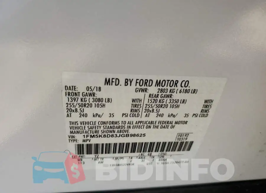 1FM5K8D83JGB98625 Photo# 10