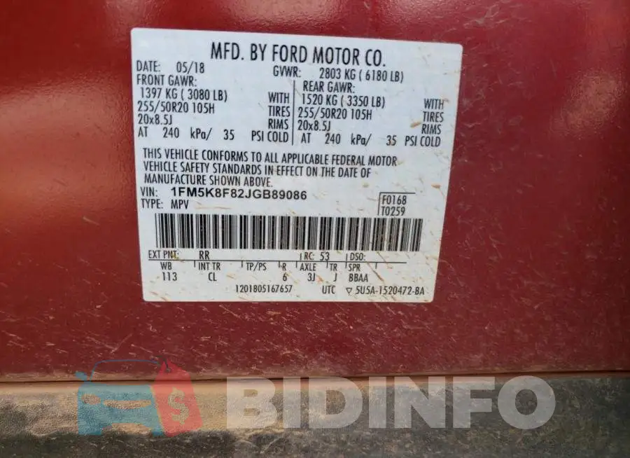 1FM5K8F82JGB89086 Photo# 10