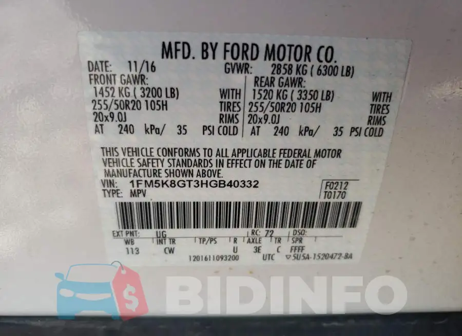 1FM5K8GT3HGB40332 Photo# 10
