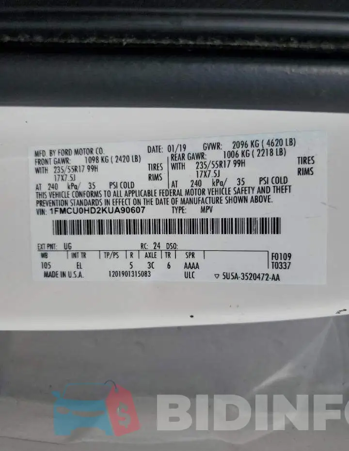1FMCU0HD2KUA90607 Photo# 10