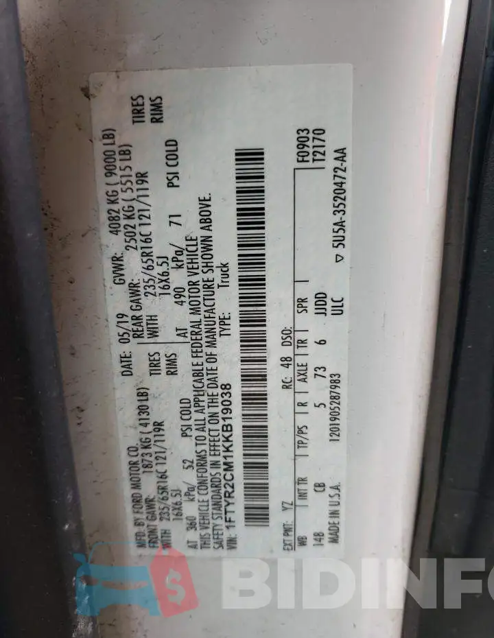 1FTYR2CM1KKB19038 Photo# 10