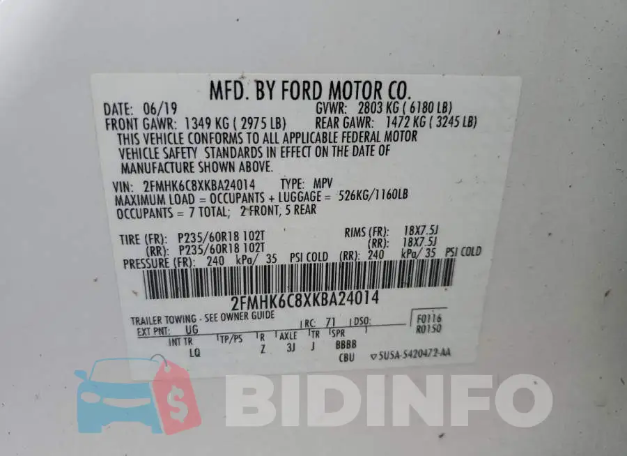 2FMHK6C8XKBA24014 Photo# 10