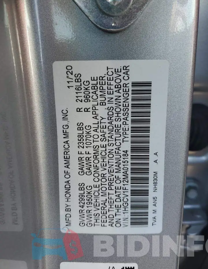 1HGCV1F12MA015184 Photo# 10