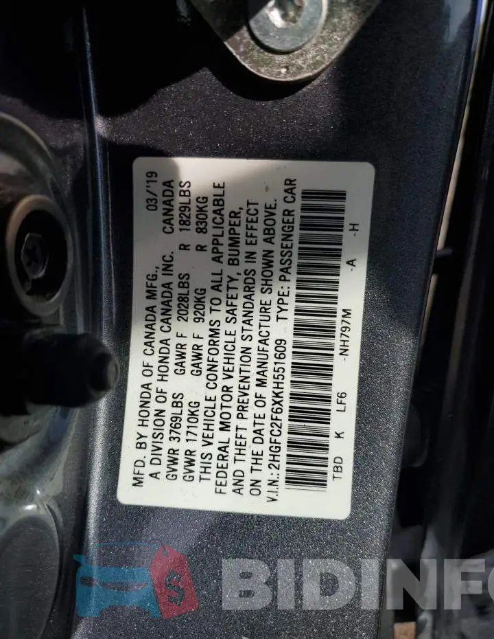 2HGFC2F6XKH551609 Photo# 10