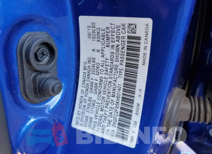 2HGFC2F85KH601401 Photo# 10