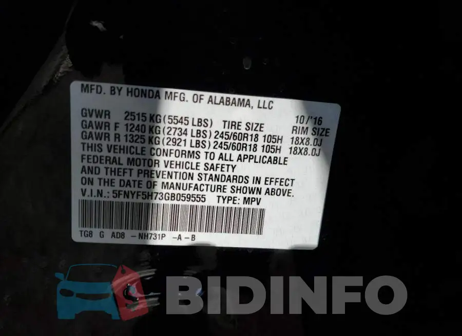5FNYF5H73GB059555 Photo# 10