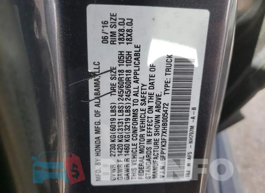 5FPYK3F7XHB005472 Photo# 10