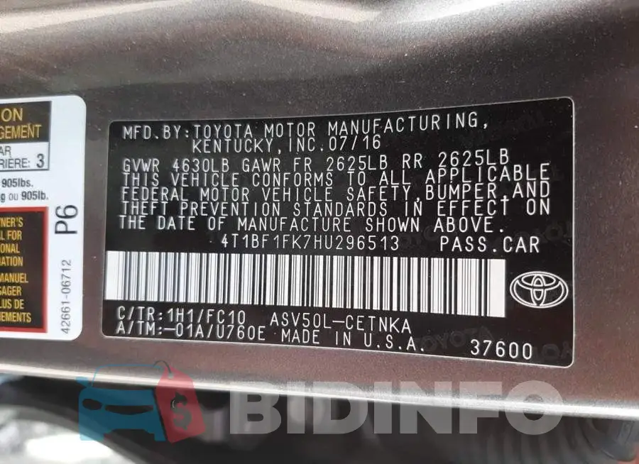 4T1BF1FK7HU296513 Photo# 10