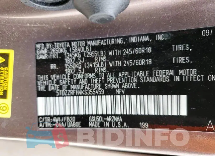 5TDZZRFH4KS355459 Photo# 10