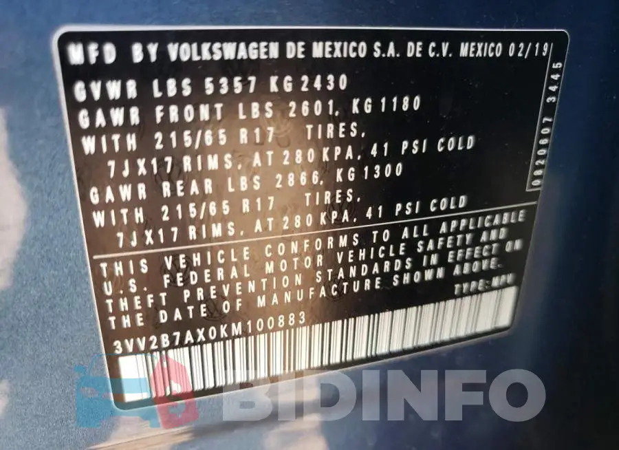 3VV2B7AX0KM100883 Photo# 10