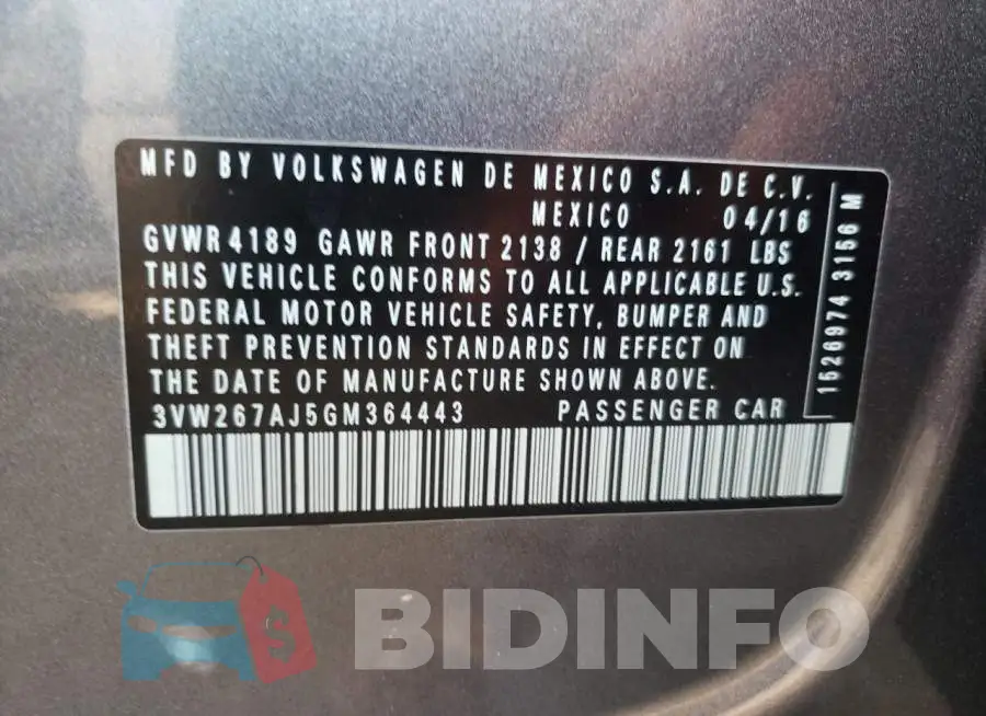 3VW267AJ5GM364443 Photo# 10
