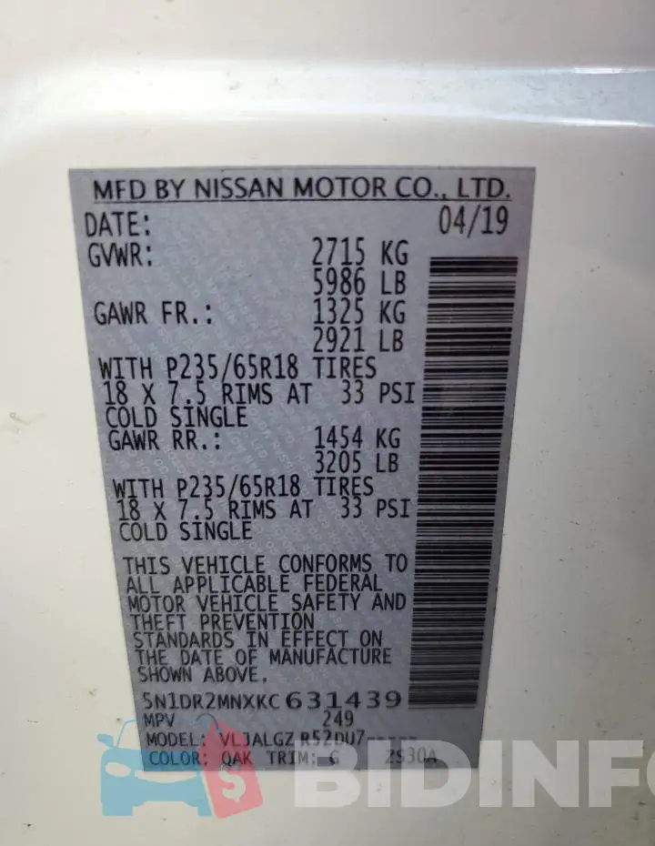 5N1DR2MNXKC631439 Photo# 10