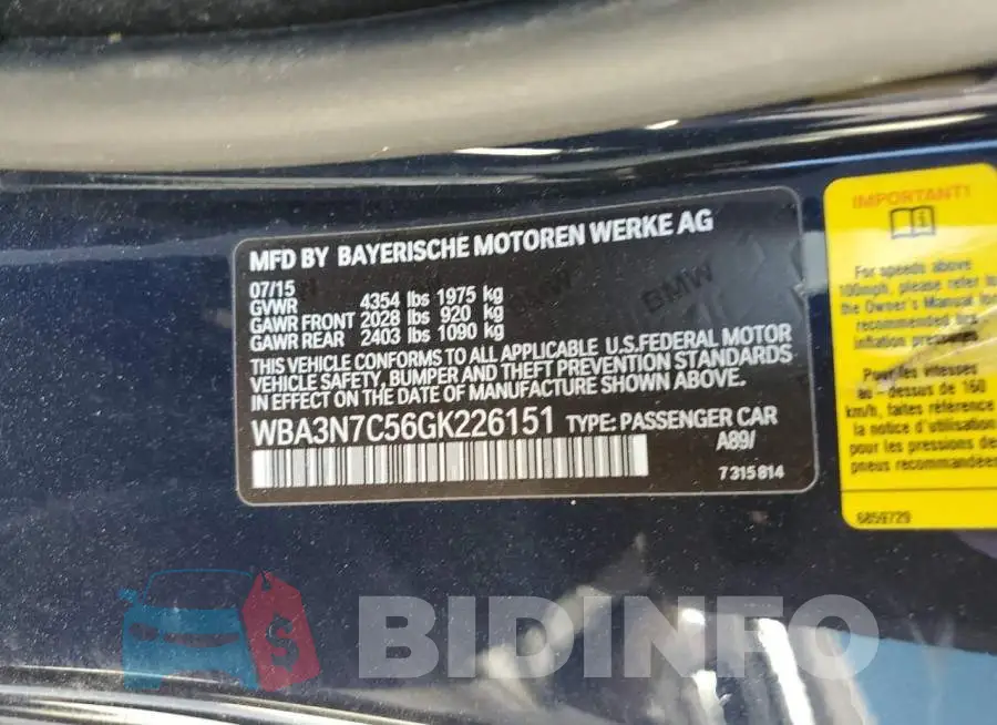 WBA3N7C56GK226151 Photo# 10