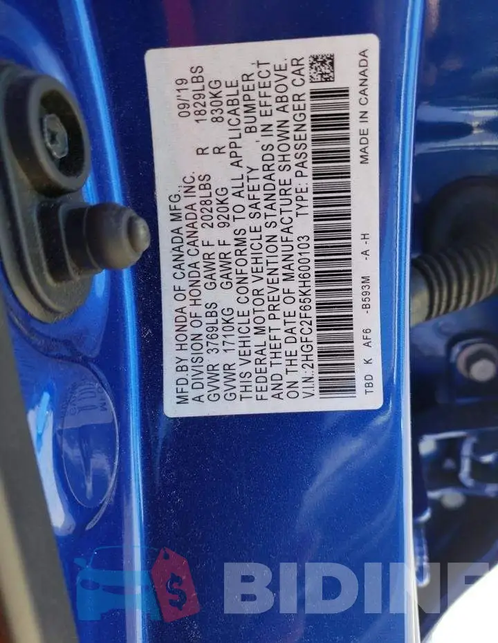 2HGFC2F65KH600103 Photo# 10