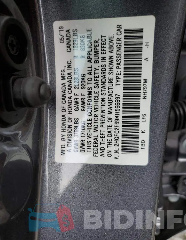 2HGFC2F69KH566697 Photo# 10
