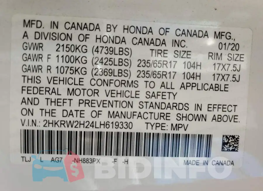 2HKRW2H24LH619330 Photo# 10