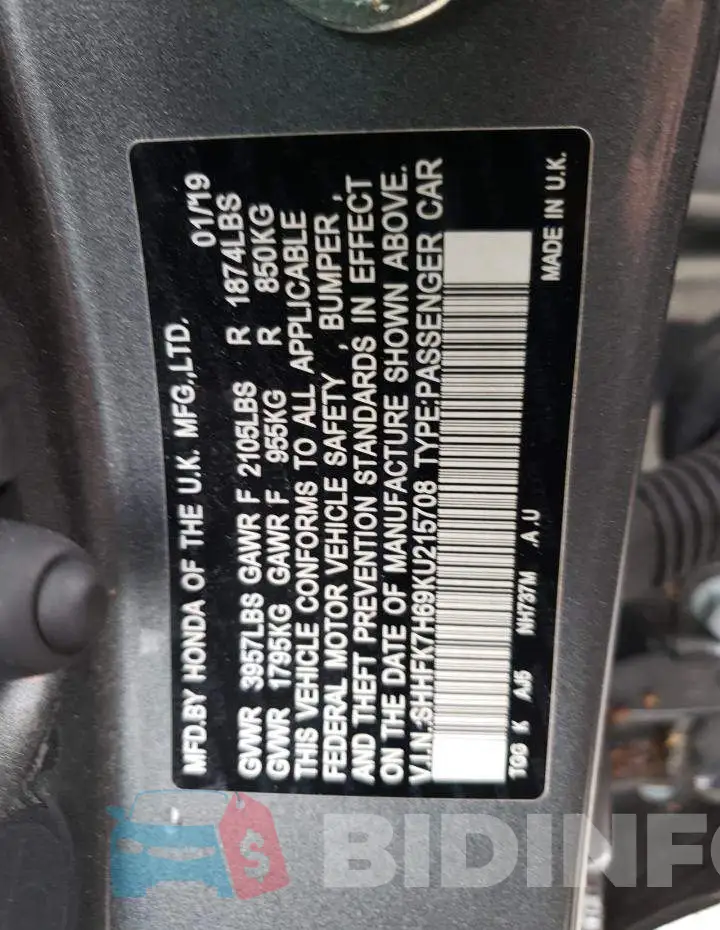 SHHFK7H69KU215708 Photo# 10