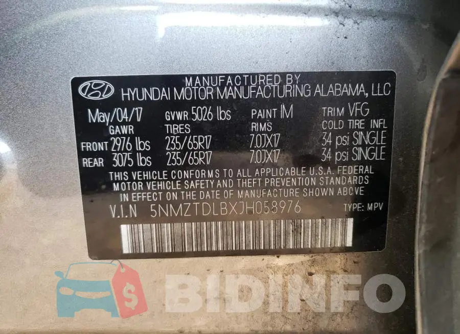 5NMZTDLBXJH058976 Photo# 10