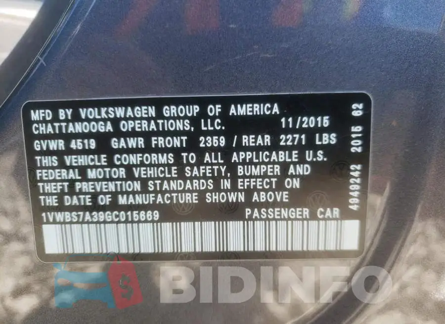 1VWBS7A39GC015669 Photo# 10