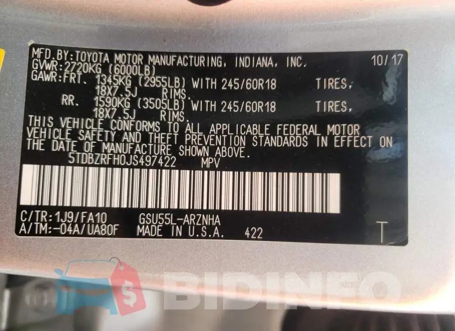 5TDBZRFH0JS497422 Photo# 10