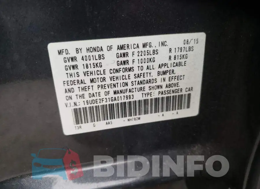 19UDE2F31GA017993 Photo# 10
