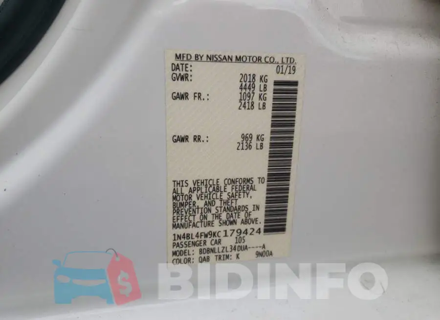 1N4BL4FW9KC179424 Photo# 10