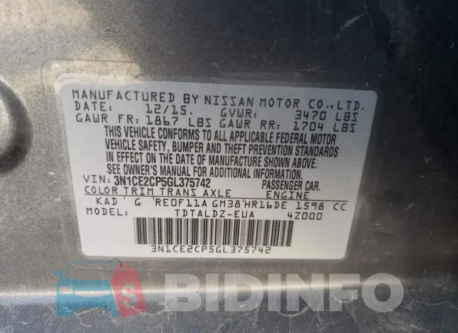 3N1CE2CP5GL375742 Photo# 10
