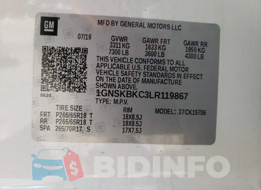 1GNSKBKC3LR119867 Photo# 10