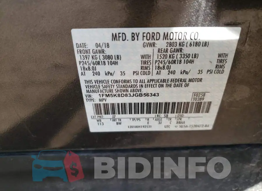 1FM5K8D83JGB56343 Photo# 10