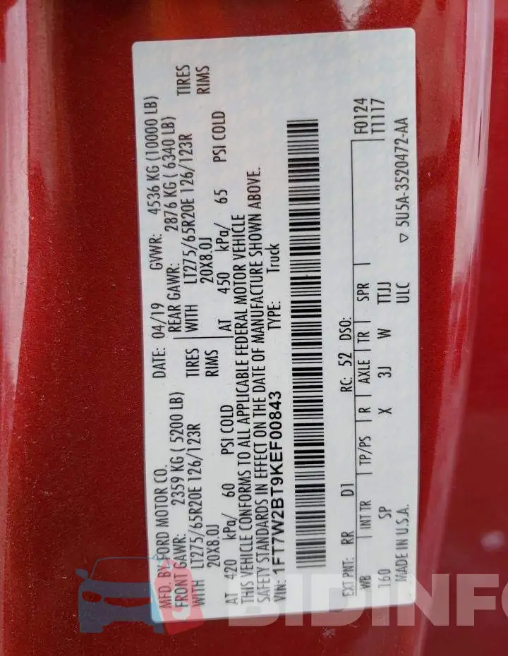 1FT7W2BT9KEF00843 Photo# 10
