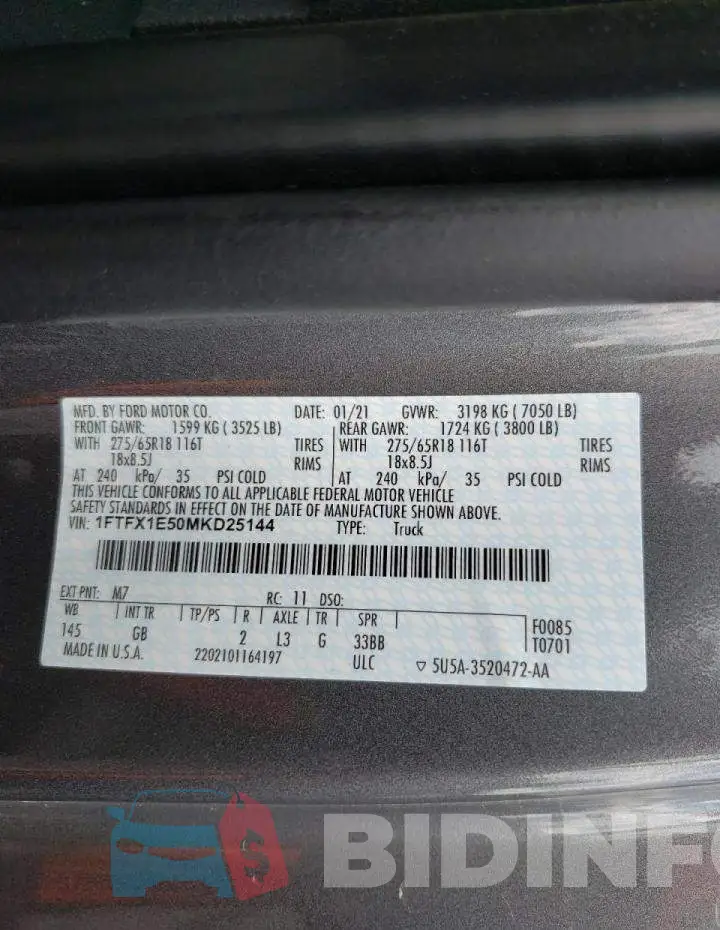 1FTFX1E50MKD25144 Photo# 10