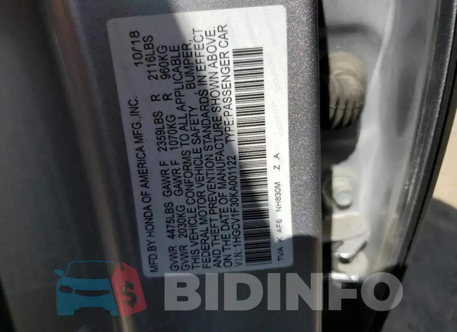 1HGCV1F30KA001122 Photo# 10