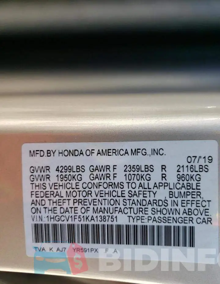 1HGCV1F51KA138751 Photo# 10