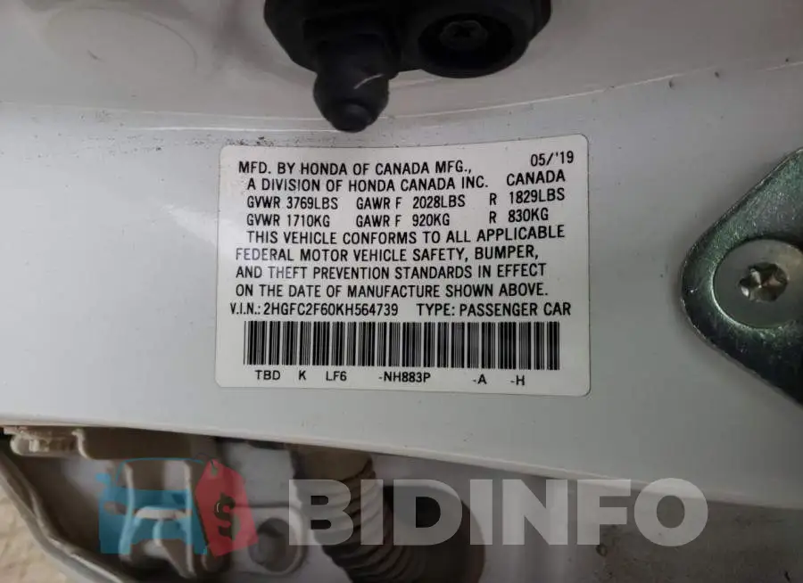 2HGFC2F60KH564739 Photo# 12
