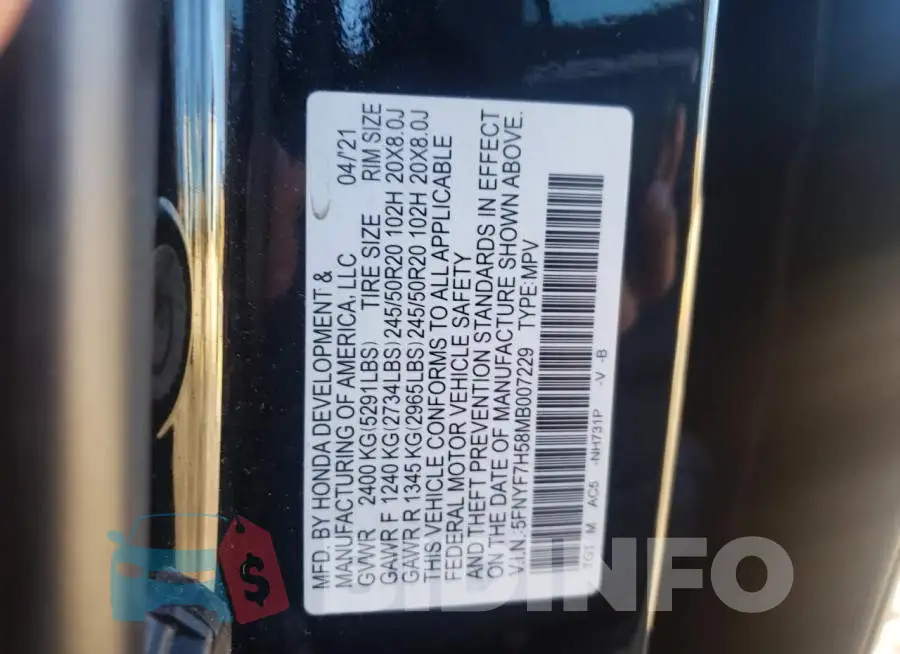 5FNYF7H58MB007229 Photo# 10