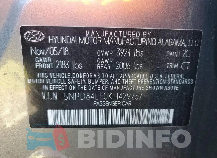 5NPD84LF0KH429257 Photo# 10