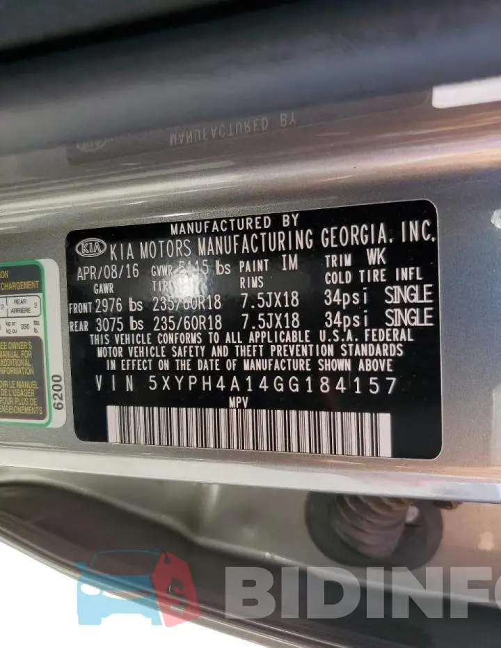 5XYPH4A14GG184157 Photo# 10