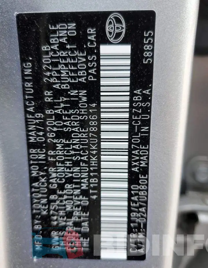 4T1B11HK4KU788614 Photo# 10