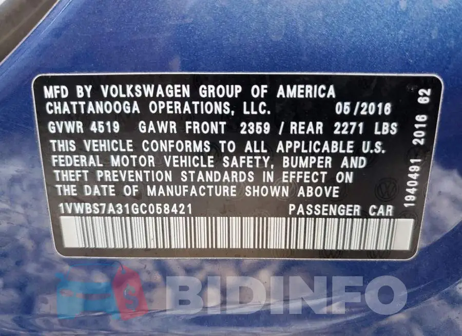 1VWBS7A31GC058421 Photo# 10