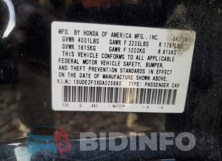 19UDE2F3XGA025980 Photo# 10