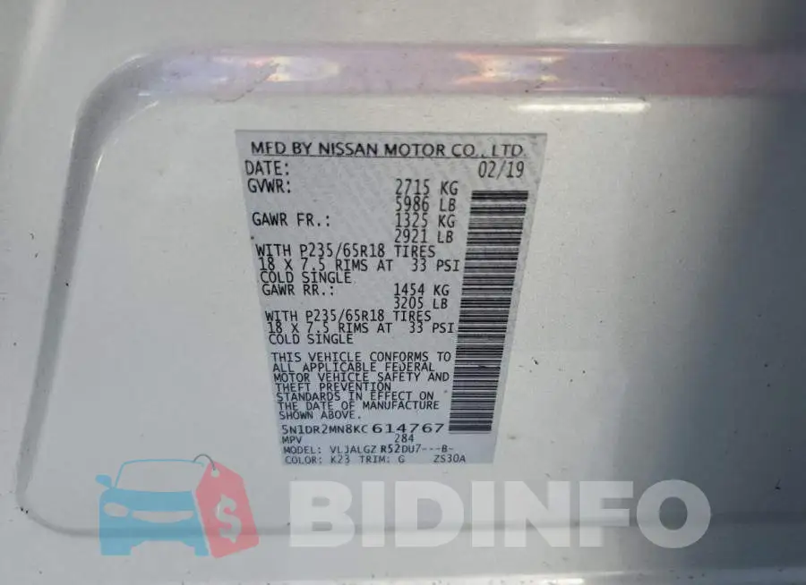 5N1DR2MN8KC614767 Photo# 10